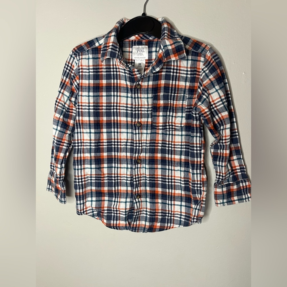 Just One You By Carters Blue & Orange Long Sleeve Button Down Plaid Shirt 3T